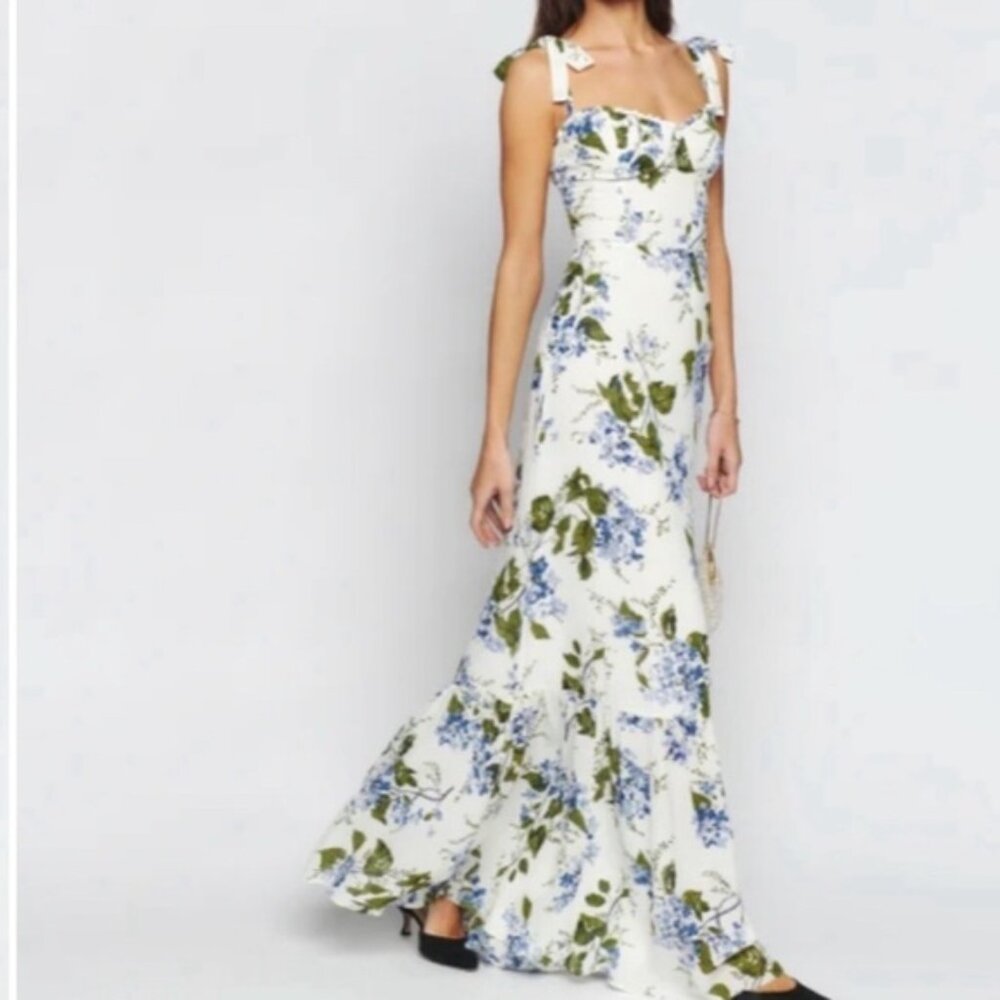 Reformation Jasen Maxi Dress Riviera White Blue Floral 14 NWT